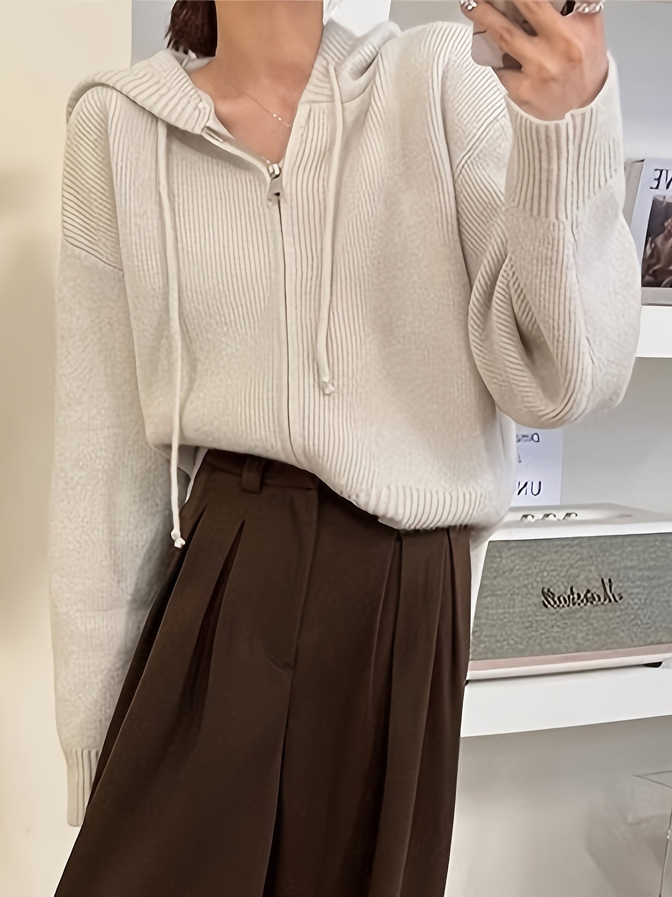 Solid Zipper Drawstring Hooded Cardigan, Casual Long Sleeve Loose Cardigan For Fall & Winter, Women's Clothing