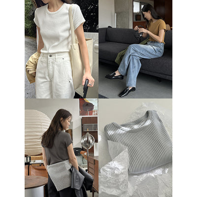 Women's Summer Round Neck Texture Short Sleeve T-shirt Top