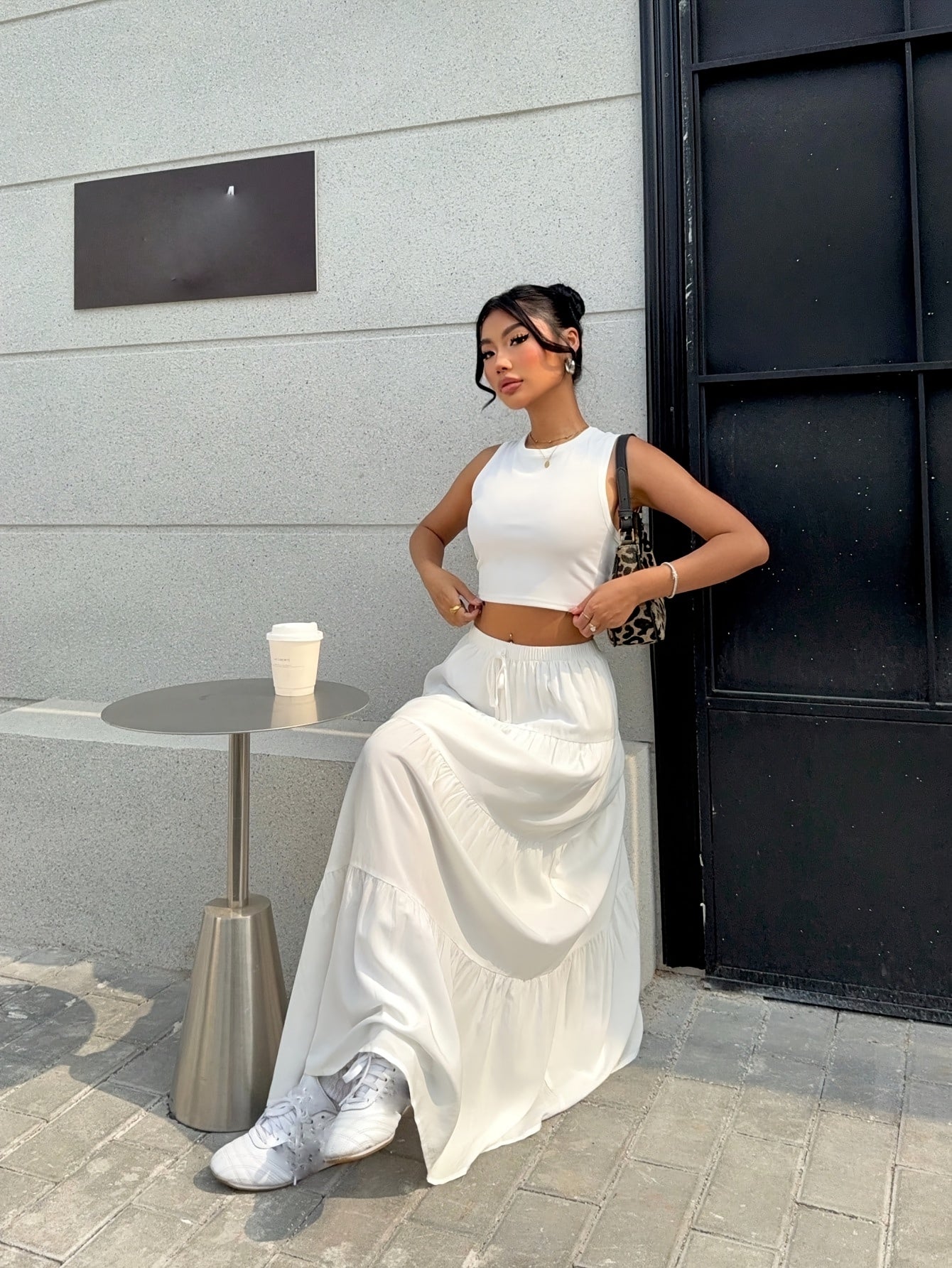 2pcs Women'S Solid Color Crop Top and Maxi Skirt Set