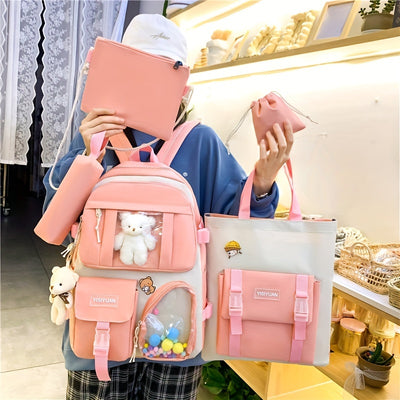 New Five-piece Backpack Korean Version Of The School Bag Women's Lightweight Harajuku Ins Casual Backpack Cute Bear Pendant Backpack