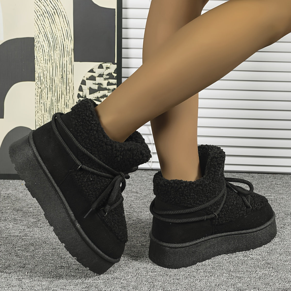 [Coldweather Ready] Women's Cozy Fleece-Lined Winter Snow Boots - Stylish Thick Sole Lace-Up Ankle Boots with Fluffy Fur Trim, Perfect for Cold Weather, Winter Boots