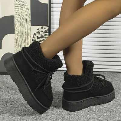 [Coldweather Ready] Women's Cozy Fleece-Lined Winter Snow Boots - Stylish Thick Sole Lace-Up Ankle Boots with Fluffy Fur Trim, Perfect for Cold Weather, Winter Boots