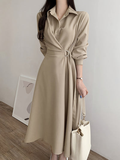 Women's Elegant Solid Color Mid-Length Dress with Shirt Collar, Side Tie Waist, Long Sleeves, Button Detail, A-Line Silhouette, Polyester, Spring/Autumn Fashion, Korean Style