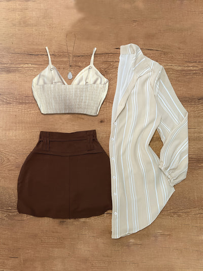 Elegant Striped Knotted Blazer & Skirt Set