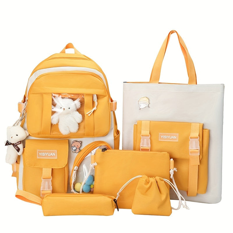 New Five-piece Backpack Korean Version Of The School Bag Women's Lightweight Harajuku Ins Casual Backpack Cute Bear Pendant Backpack