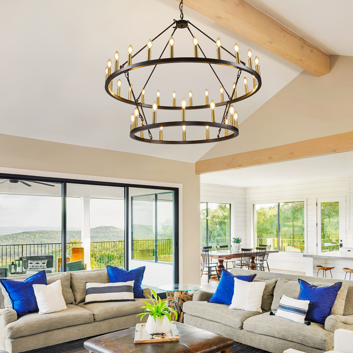 Modern Farmhouse Chandelier 2 Tier Round Wheel Chandelier Large High Ceiling Light.