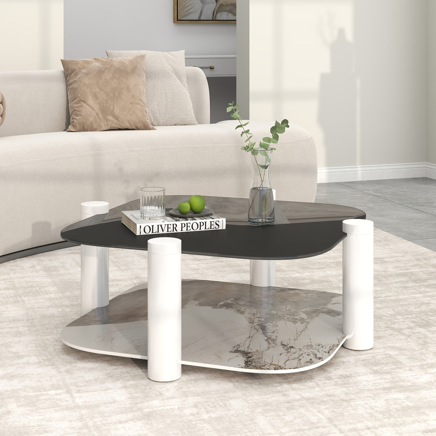 35.4 Inches Coffee Table, 2-layer Storage Space, Round Decorative Table, Rock Board And Glass Can Be Freely Matched, Suitable For Living Room, Bedroom, Small Space