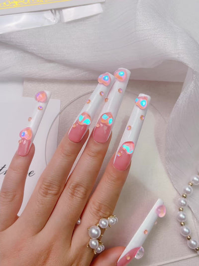 10pcs Super Long Square Press-On Nails, Pink & White Heart Design, Japanese/Korean/French Style, Elegant Minimalist, Pearlescent Finish, Chic Glossy Manicure Set