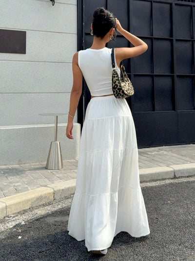 2pcs Women'S Solid Color Crop Top and Maxi Skirt Set