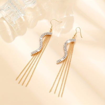 Korean Exaggerated S-shaped Rhinestone Tassel Long Earrings Fashion Versatile Ear Line Super Fairy Sweet Girl Earrings