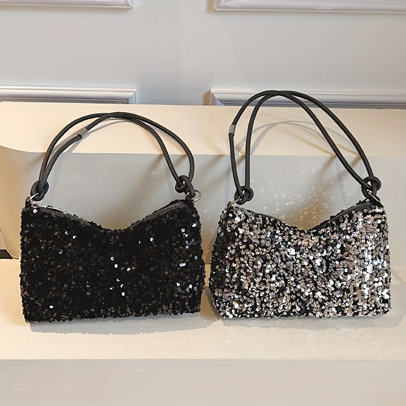 Urban Essentials, Chic Black Sequin Shoulder Bag for Women - Trendy Korean Style, Lightweight Nylon Handbag with Fixed Strap and Zip Closure, Polyester Lined