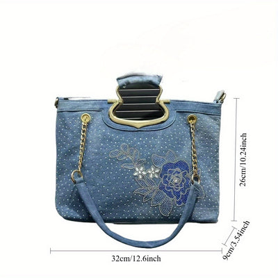 Ladies' Fashionable Inlaid Elegant Handbag, Floral Pattern Street Style Y2K Spicy Printed Shoulder Bag, Suitable for Work, Commuting, Dating, Parties, Gradient Diamond Decoration Shoulder Bag