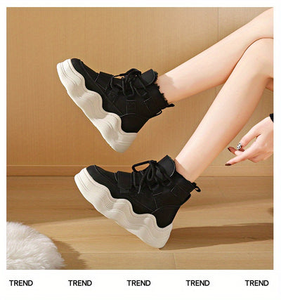 2024 Winter Fleece-Lined White Sneakers - Korean Style Insulated Women'S High-Top Lace-Up Shoes, Thick-Soled Casual & Sports Shoes with PU Upper, Rubber Sole, and Breathable Fabric Lining for Cold Weather Comfort, Casual Foot