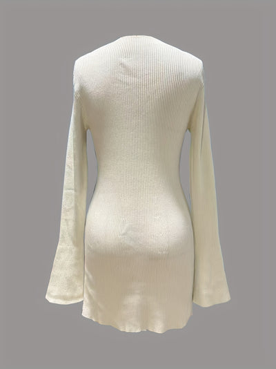 Women'S Sweater Dress - Ribbed Texture, Stretchy Slim Fit A-Line with Stand Collar & Short Sleeves, Elegant Casual Commuter Style, Machine Washable, White, Versatile Fashion, Soft Fabric