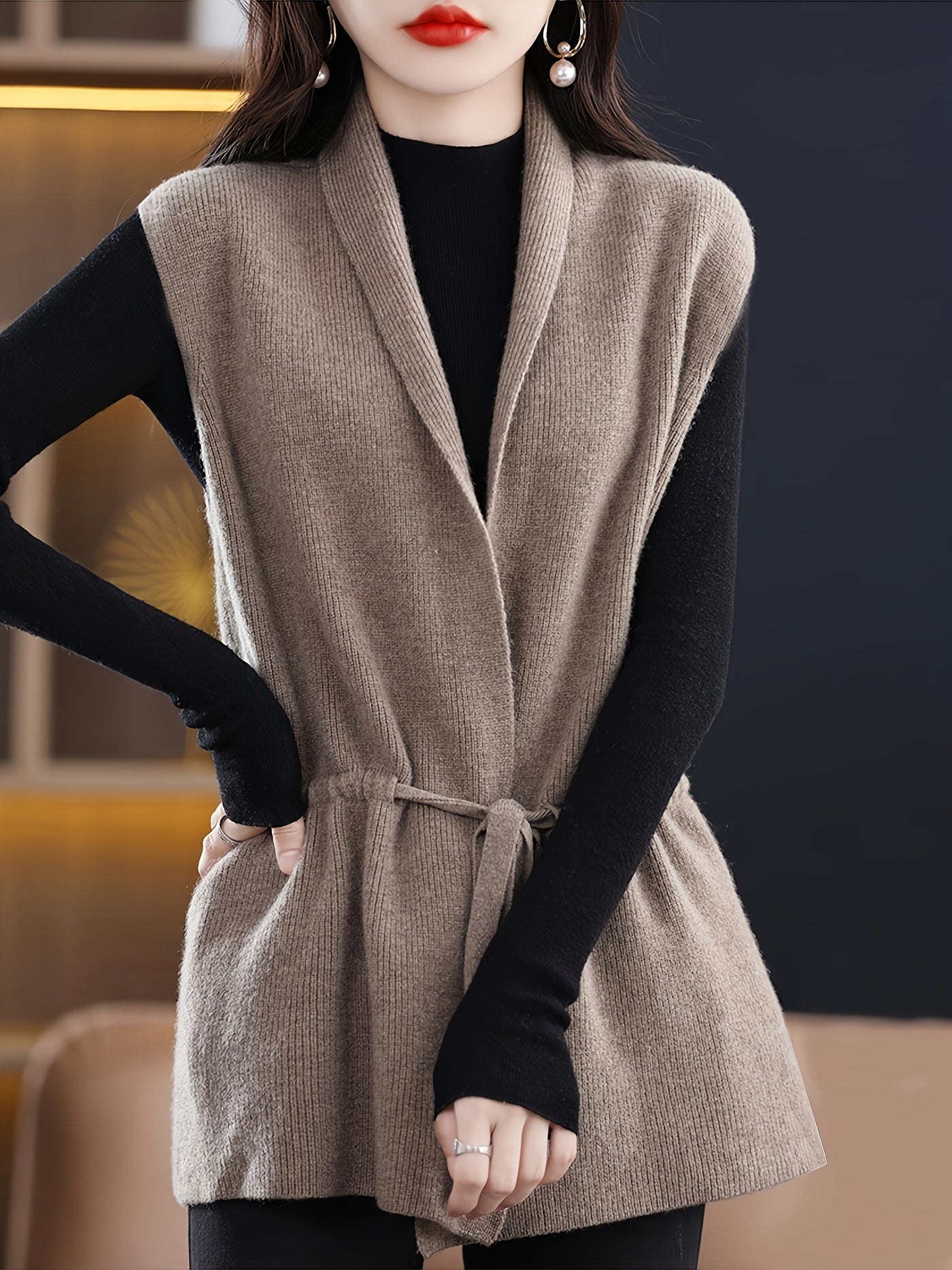 Women's Casual V-Neck Cardigan - Longline Open Front Vest with Adjustable Drawstring, Loose Fit Machine-Washable Textured for Spring/Fall Layering, Japanese Korean Fashion Style, Casual Attire, Relaxed Silhouette, Quality Sti