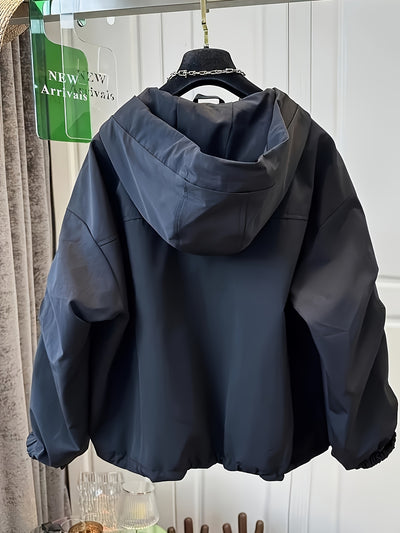 Women'S Casual Hooded Jacket with Double Zipper Front, Loose Fit, Long Sleeves, Solid Color, Non-Stretch Fabric, Drop Shoulder Design, Perfect for Spring/Summer/Fall, Autumn Casual Wear | Relaxed Fit Jacket | Nonstretch Fabri