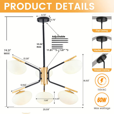 Chandelier Mid Century Modern Industrial E26 Pendant Lighting Black And Golden Light For Living Room, Kitchen, Bedroom, Dining Room And Farmhouse