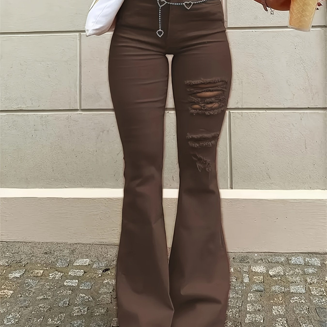 1pc Bohemian High-Waisted Ripped Flare Jeans for Women, Slim Fit, Brown Solid Denim, Frayed Hem, Casual Fashion, Korean Style, American-Inspired, All-Season, Woven, Washed, 68. 3%, 30. 2%, Spandex 1. 5%