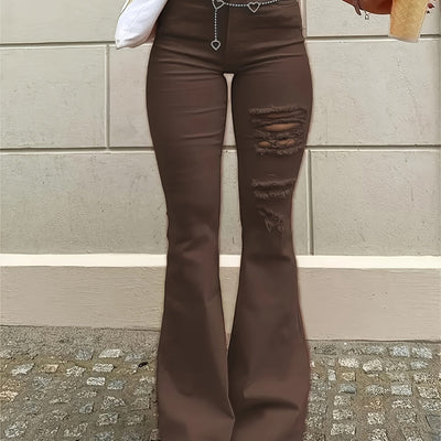 1pc Bohemian High-Waisted Ripped Flare Jeans for Women, Slim Fit, Brown Solid Denim, Frayed Hem, Casual Fashion, Korean Style, American-Inspired, All-Season, Woven, Washed, 68. 3%, 30. 2%, Spandex 1. 5%
