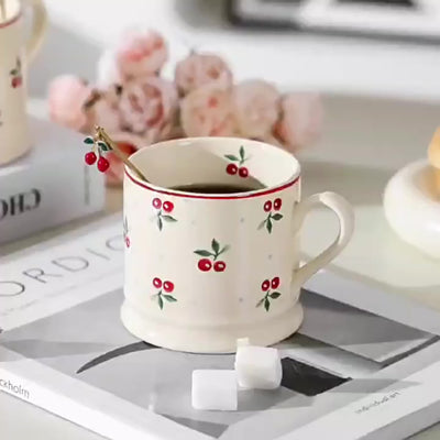 1pc Cute Korean-Style Cherry Ceramic Mug - Vibrant Red Cherry & Green Leaf Design, White with Blue Dots Background - Perfect for Coffee, Tea, Milk, and Afternoon Tea - Handwash Only, Reusable & High-Quality Gift Cup for Home,