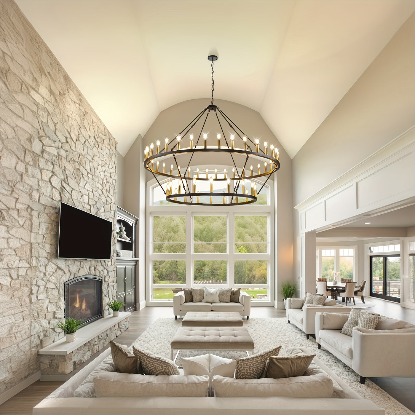 Modern Farmhouse Chandelier 2 Tier Round Wheel Chandelier Large High Ceiling Light.