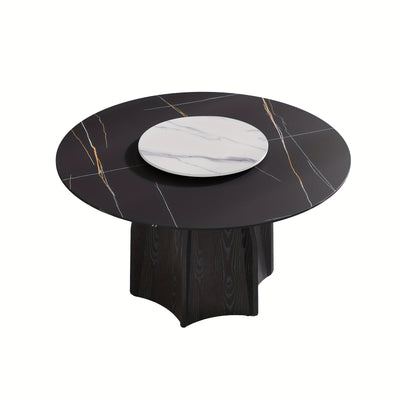 Modern Black Marble Round Dining Table with Lazy Susan - Glossy Sintered Stone Finish, Unique Metal Legs, Seats 4-6, Perfect for Kitchen or Dining Room, Elegant and Functional Design