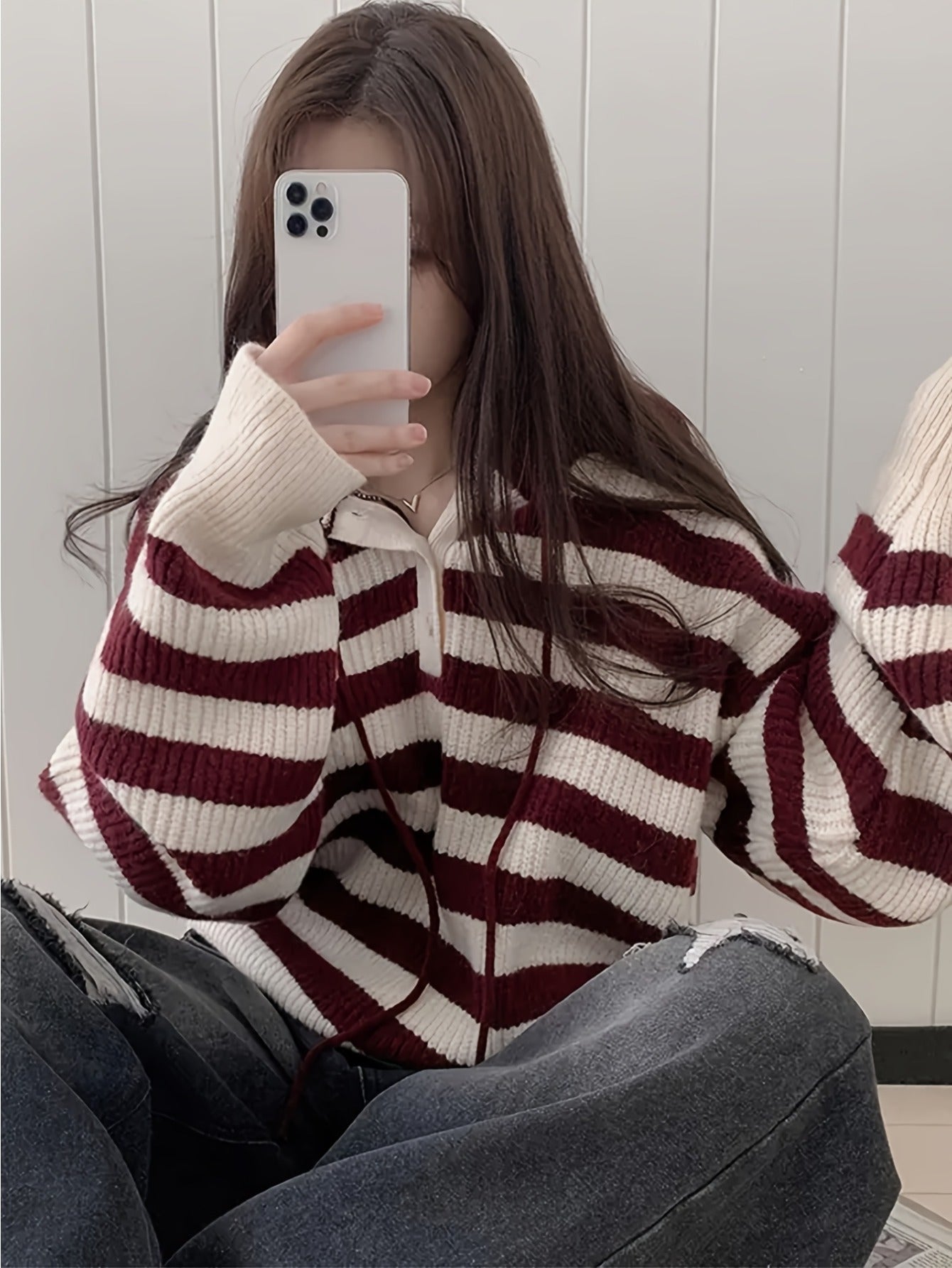 Women'S Oversized Striped Hooded Sweater - Cozy Long Sleeve Pullover with Burgundy & White Horizontal Stripes, Soft Fabric for Fall Winter Casual Chic Outfits, Sweater Hoodie, Autumn Wardrobe Essential, Comfortable Clothing,