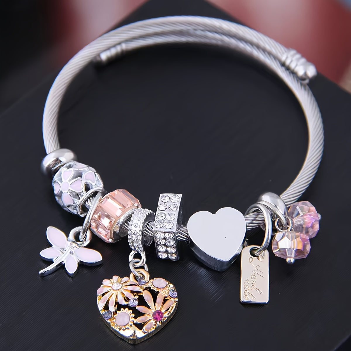 Elegant & Cute Daisy Heart Dragonfly Charm Bracelet, Korean Style Versatile BFF Bangle, Stainless Steel Cable Wristband, Choose Your Color