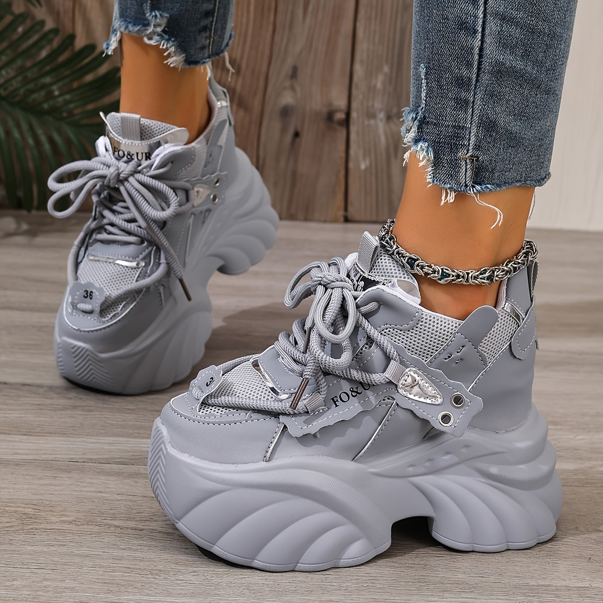 Women'S Chunky Platform Sneakers - Lightweight Low-Top Lace-Up Shoes with Thick Cushioned Sole, Breathable Fabric & Synthetic Cover Upper, All-Season Comfort for Casual & Formal Outfits, Chunky Shoes, Casual Footwear, Durable