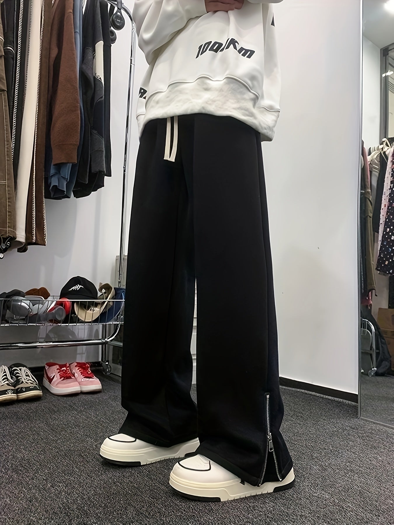 Men'S Casual Straight Leg Pants with Side Zipper, All-Season Korean Style Loose Fit, Slimming Polyester 100% Woven Fabric, 160gsm Lightweight, Regular Length, for Teens - Vibe American Trendy Split Ankle Trousers