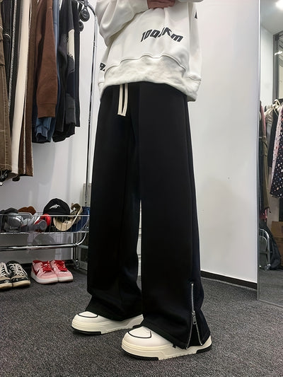 Men'S Casual Straight Leg Pants with Side Zipper, All-Season Korean Style Loose Fit, Slimming Polyester 100% Woven Fabric, 160gsm Lightweight, Regular Length, for Teens - Vibe American Trendy Split Ankle Trousers