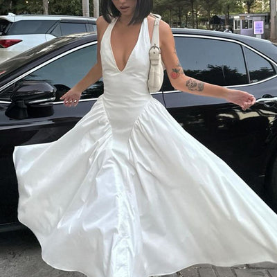 2025 Women's Sexy Deep V-Neck Halter Dress - Summer Sleeveless Solid Color Flared Skirt, Machine Washable Formal Party & Evening Out Dress, Evening Wear, Offshoulder Design, Smooth Fabric, Elegant Silhouette