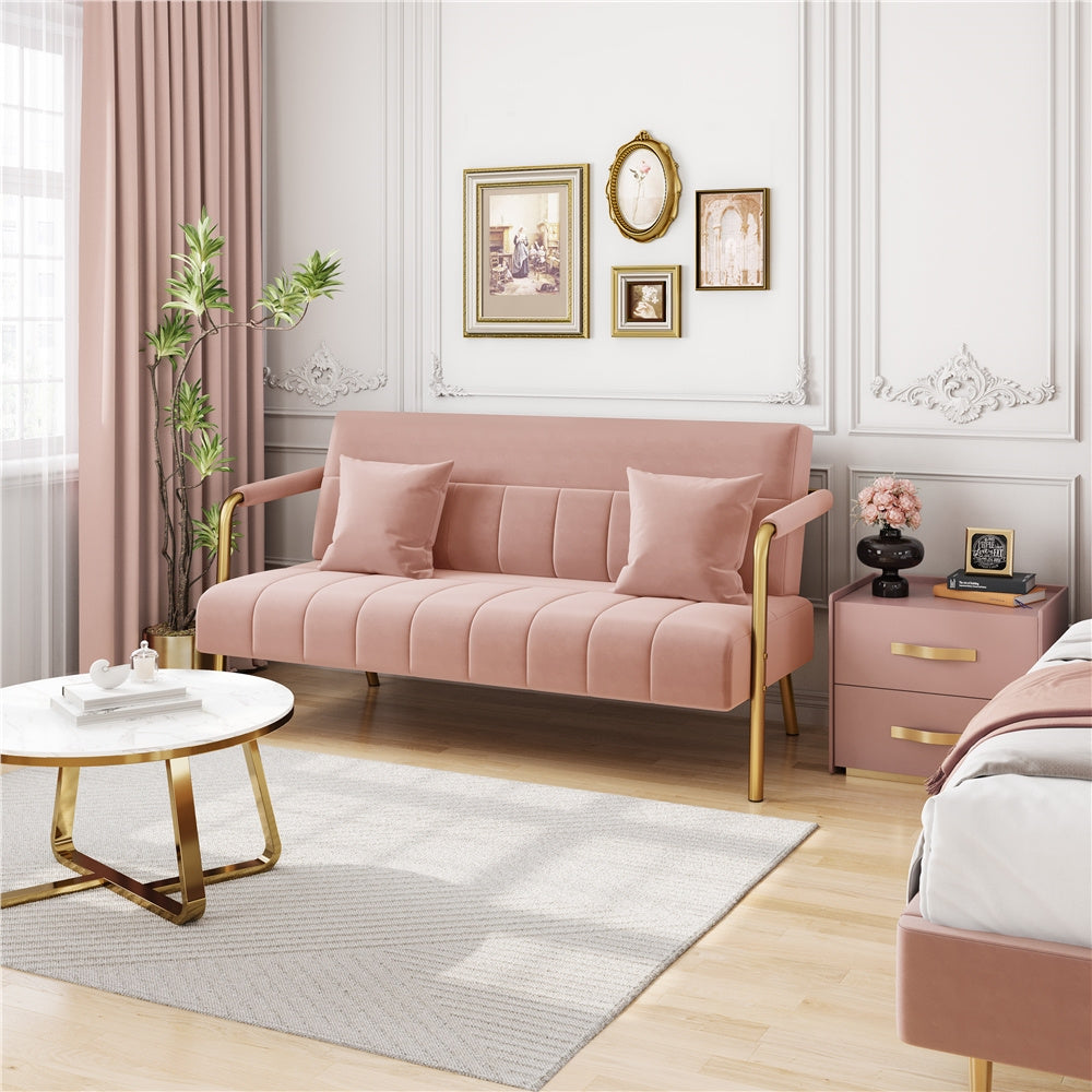 Costoffs Velvet Fabric Sofa Couch, 56.5″ W Modern Loveseat Couch with Gold-tone Metal Arms, Legs & 2 Pillows, Sofa for Living Room, Bedroom Furniture, Halloween Gift, Pink/Green/Gray