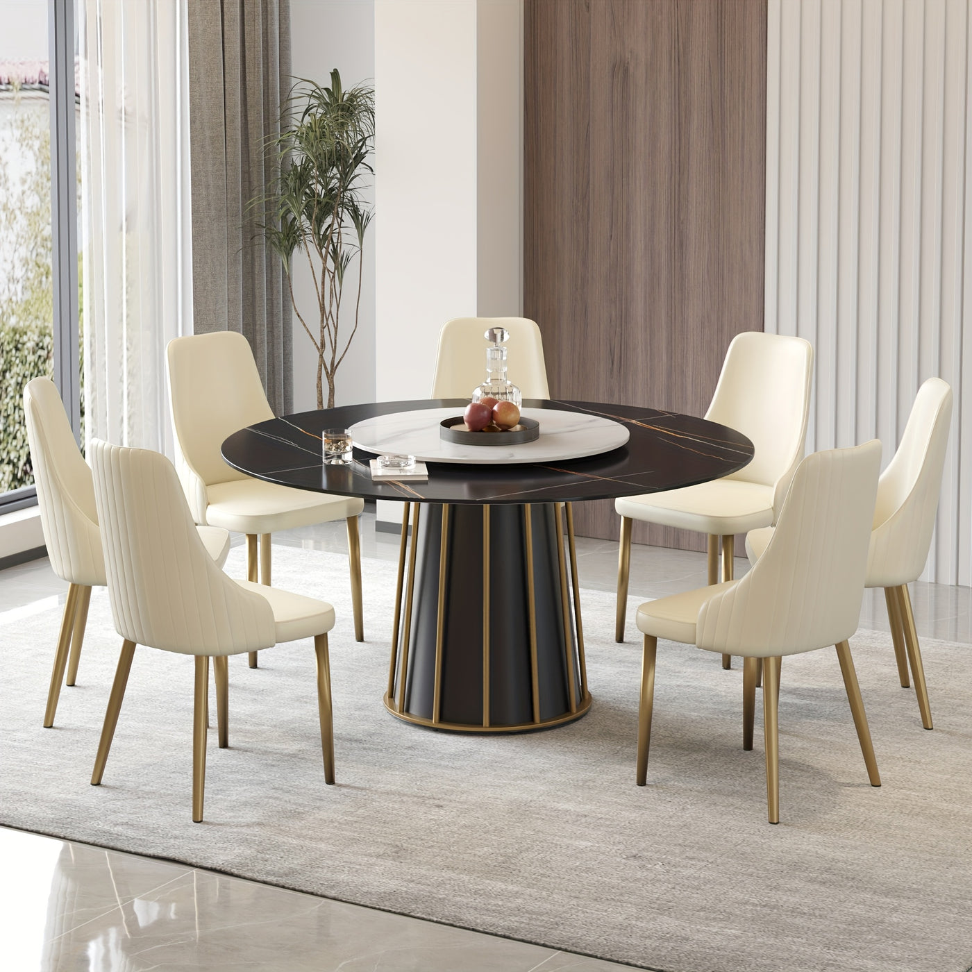 Round Dining Table - Marble Dining Room Table Round Kitchen Table for 4 to 6 (Dining Table Only, Chairs Not Included), Glossy Sintered Stone Tabletop with Metal Base Circle Dining Table for Kitchen