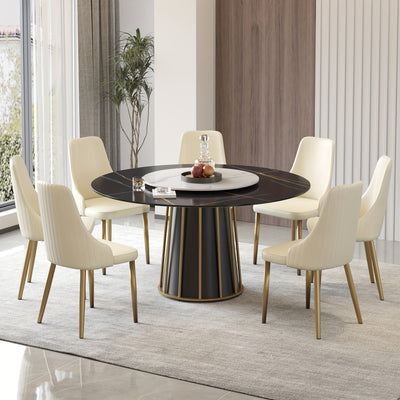 Round Dining Table - Marble Dining Room Table Round Kitchen Table for 4 to 6 (Dining Table Only, Chairs Not Included), Glossy Sintered Stone Tabletop with Metal Base Circle Dining Table for Kitchen