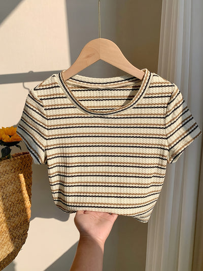 Women's Elegant Striped Casual T-Shirt - & Beige Horizontal Stripes, Medium Stretch, Machine Washable, All-Season Versatile Top for Casual Attire, Ladies T Shirts, Mediumstretch Material, Nontransparent Fabric
