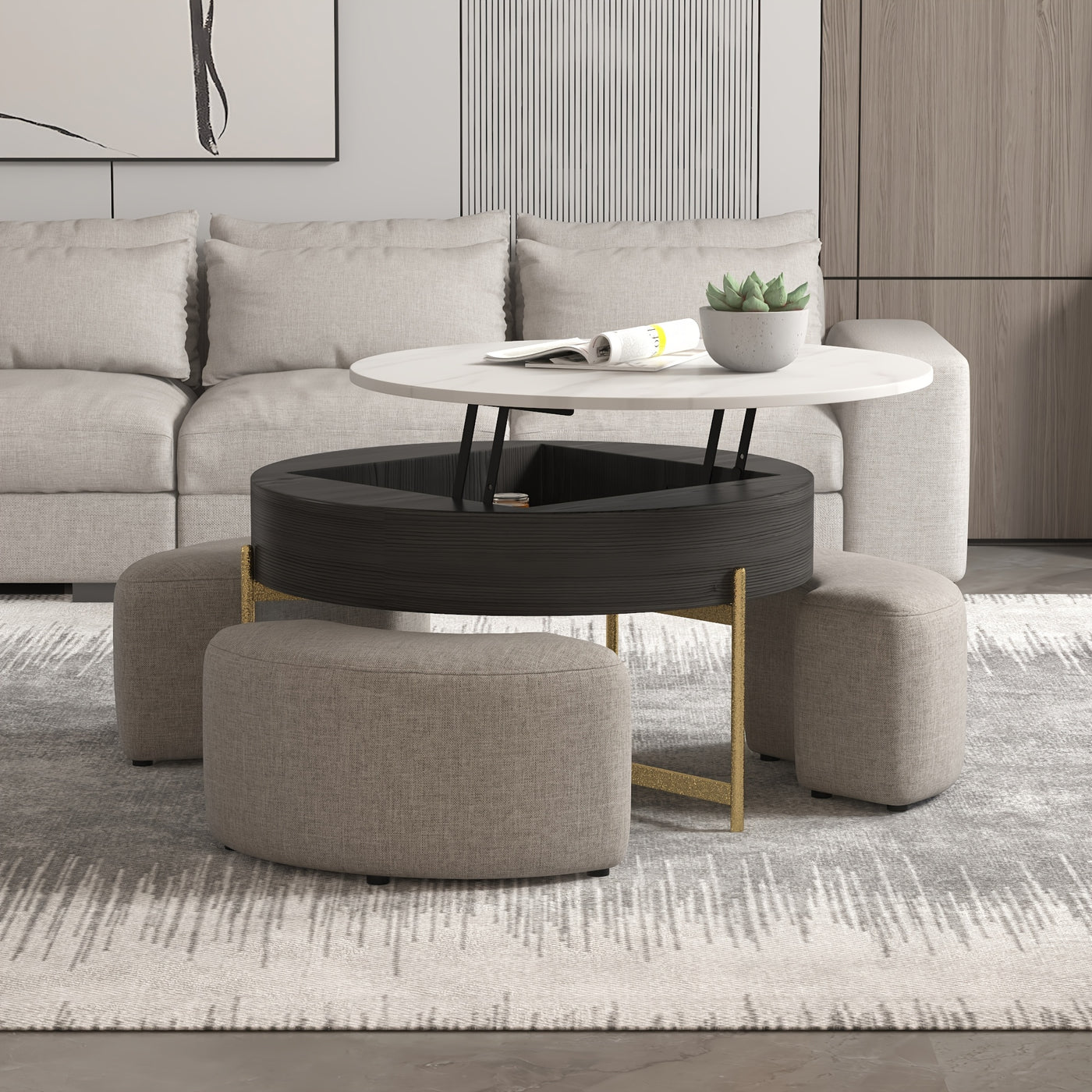 Modern Lift-Top Coffee Table with Storage & Stools - Adjustable Height, Faux Marble Top, Wooden Base, Space-Saving Design for Living Room or Office, Coffee Table for Living Room, Office Furniture, Contemporary Furniture, Eleg