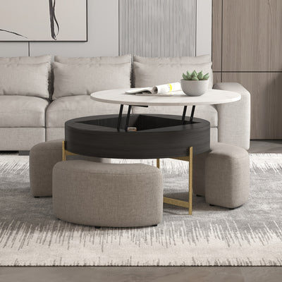 Modern Lift-Top Coffee Table with Storage & Stools - Adjustable Height, Faux Marble Top, Wooden Base, Space-Saving Design for Living Room or Office, Coffee Table for Living Room, Office Furniture, Contemporary Furniture, Eleg