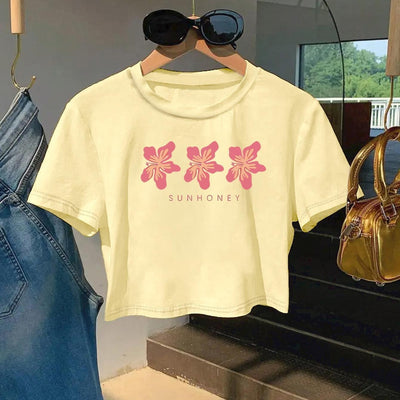Women'S Floral Print Crop Top T-Shirt - "SUNHONEY" Design with Pink Butterflies, Casual Round Neck Short Sleeve Tee, Lightweight Polyester, Machine Washable, Perfect for Spring/Summer Outfits, Spring Fashion Top | Butterfly P