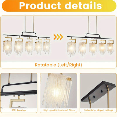 Dining Room Light Fixture/Chandelier Over Table, 5-Light Kitchen Island Lighting, Hanging For Farmhouse Linear Chandeliers, Black And Golden Ceiling Pendant Light Fixtures, With Glass Shade