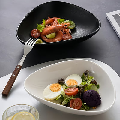 Set of 1 Triangle Japanese Style Ceramic Salad Bowl, 16.9 oz Microwave Safe Modern Matte Black Finish Novelty Serving Dish, Unique Fruit Salad Plate