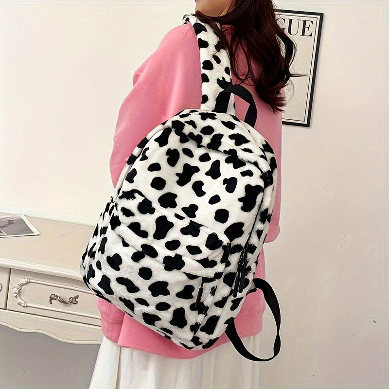 Women'S Cow Print Fleece Backpack, Korean Style Casual Shoulder Bag, Polyester Lining, Adjustable Straps, Zip Closure, Lightweight, Random Print, Versatile for School & Outings