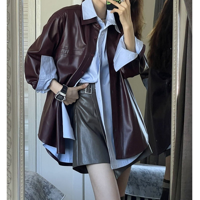 Grape Purple PU Leather Coat Women's Retro