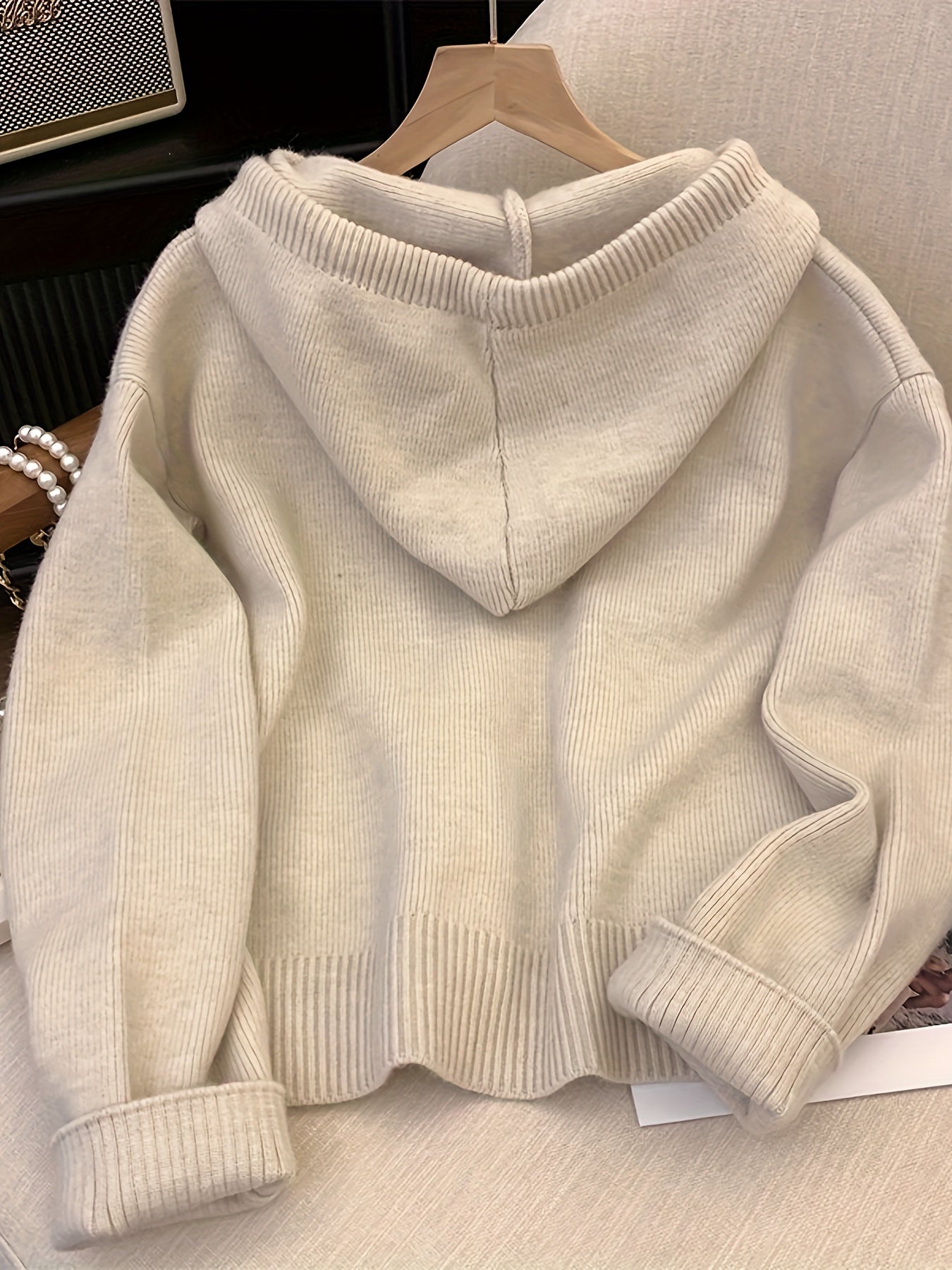 Solid Zipper Drawstring Hooded Cardigan, Casual Long Sleeve Loose Cardigan For Fall & Winter, Women's Clothing