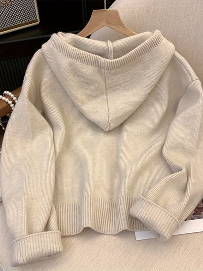 Solid Zipper Drawstring Hooded Cardigan, Casual Long Sleeve Loose Cardigan For Fall & Winter, Women's Clothing