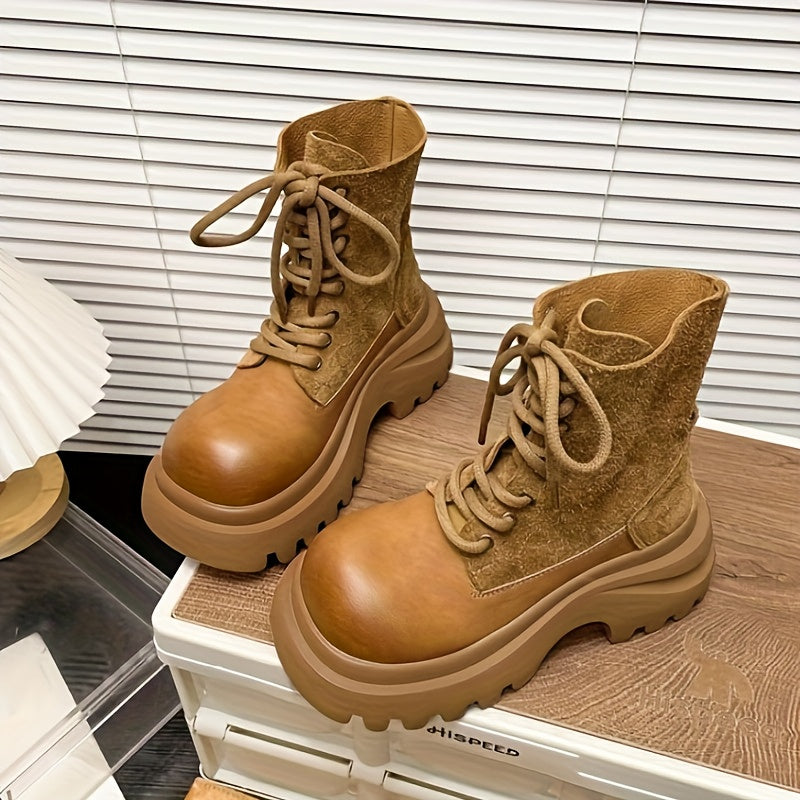 Women'S Chunky Platform Ankle Boots - Round Toe Lace-Up Mid-Heel Boots with Cross Strap Detail, Brown Fabric Upper & Rubber Sole for Spring/Fall Outdoor Travel, Versatile Casual to Formal Wear, Spring Fall Footwear, Durable T