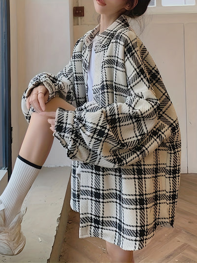 Women's Plus Size Plaid Shirt, Polyester Blend, Button-Down, Non-Stretch, Seasonal, Casual Top, Oversized, Korean Style, Checkered Pattern, Woven Fabric
