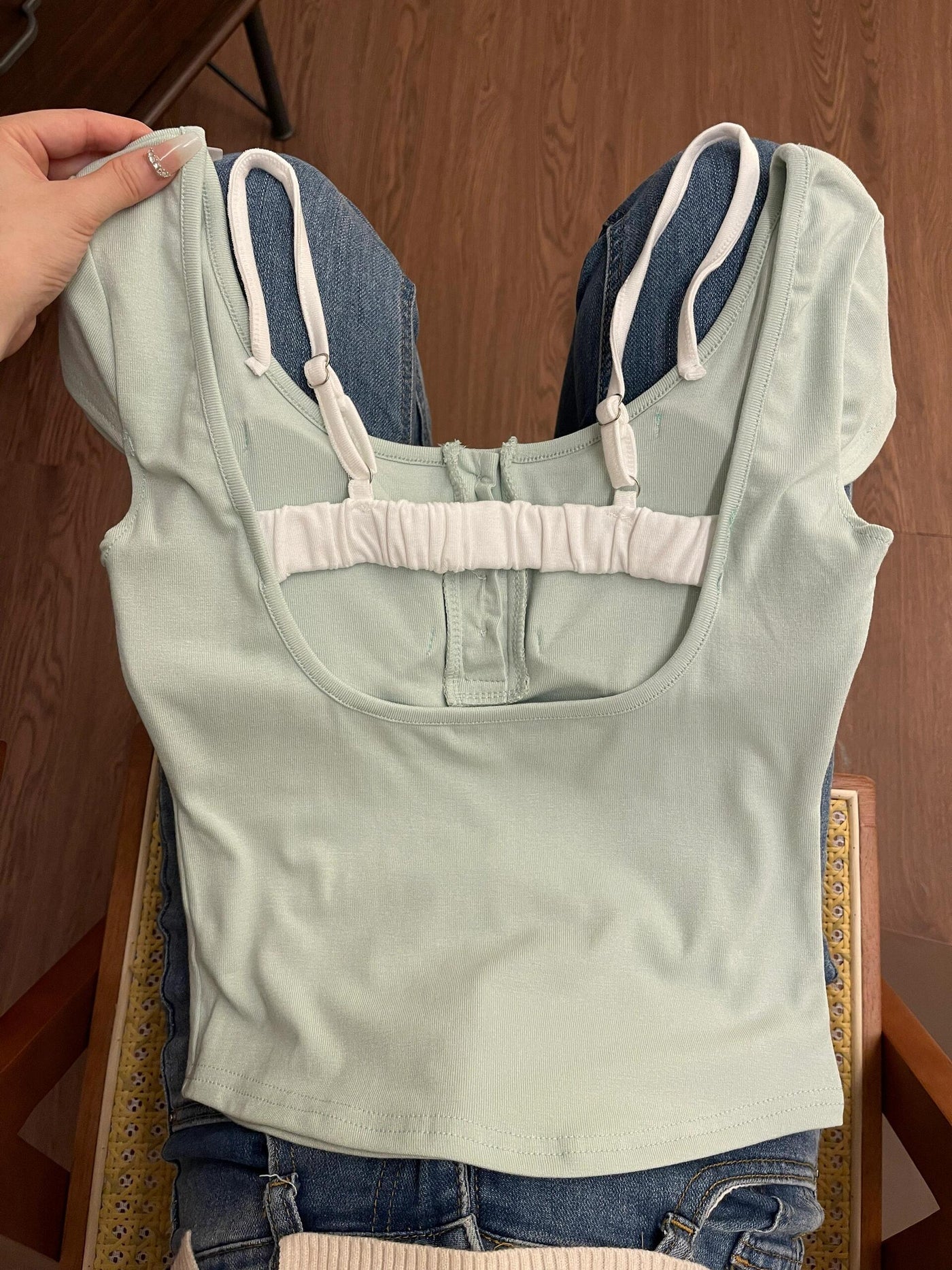 Pure Desire Floral Square Collar Shoulder Short-sleeved T-shirt Women's Summer With Chest Pad