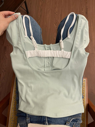 Pure Desire Floral Square Collar Shoulder Short-sleeved T-shirt Women's Summer With Chest Pad