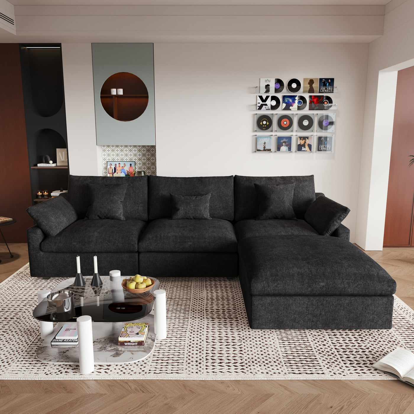 Modern Modular Sectional Sofa with Chaise Ottoman - L-Shaped 119.29" Large Couch, Black Linen Fabric, Washable Removable Cushions & Adjustable Backrest Pillows, Deep Seat Sofa for Living Room, Open-Concept Spaces, Frame, Modu